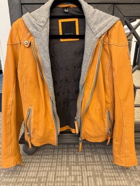 Mauritius Mustard Leather Faux Jacket with Grey Hood